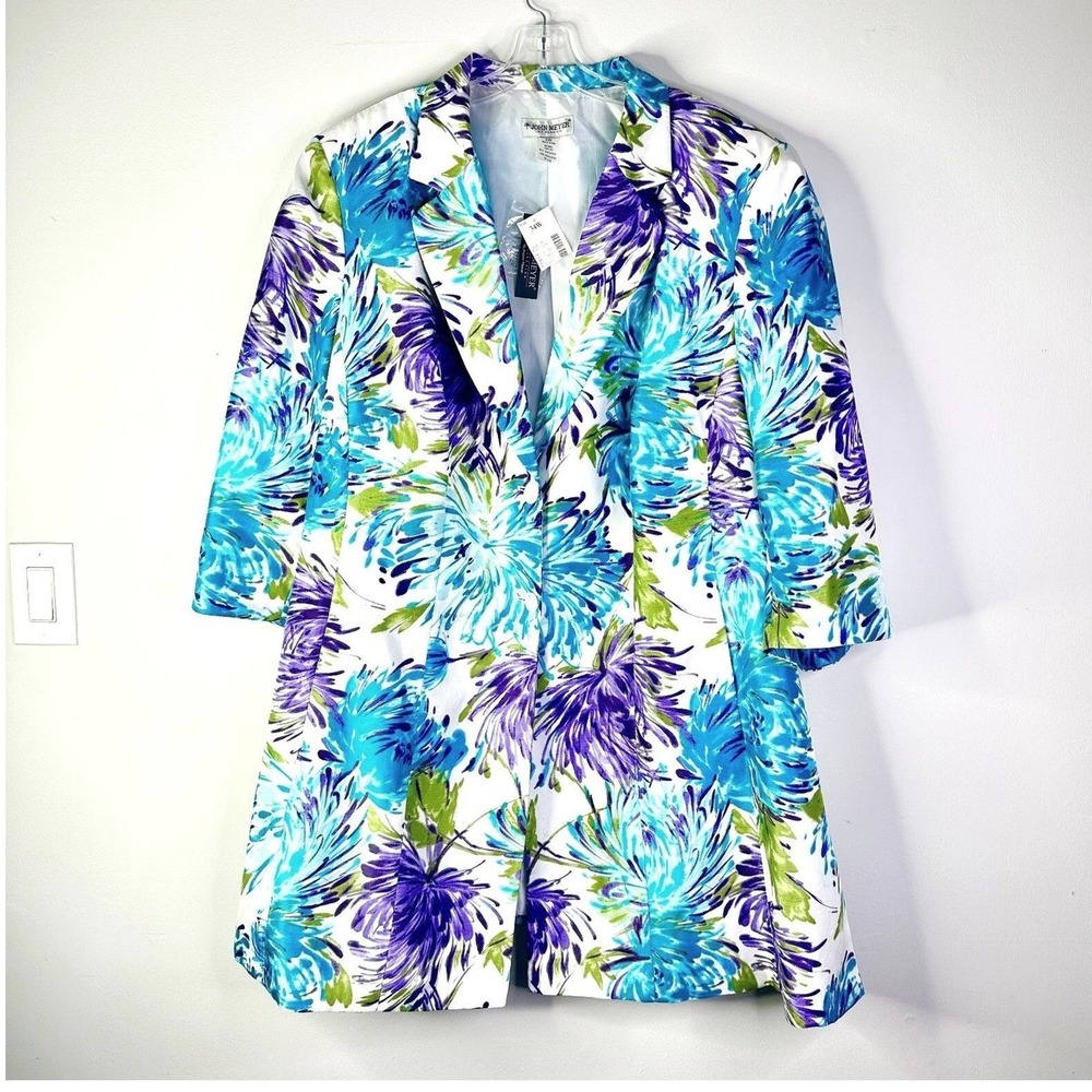 John Meyer Blazer Women 34W Plus Blue Purple LongLine Jacket Topper Floral NWT